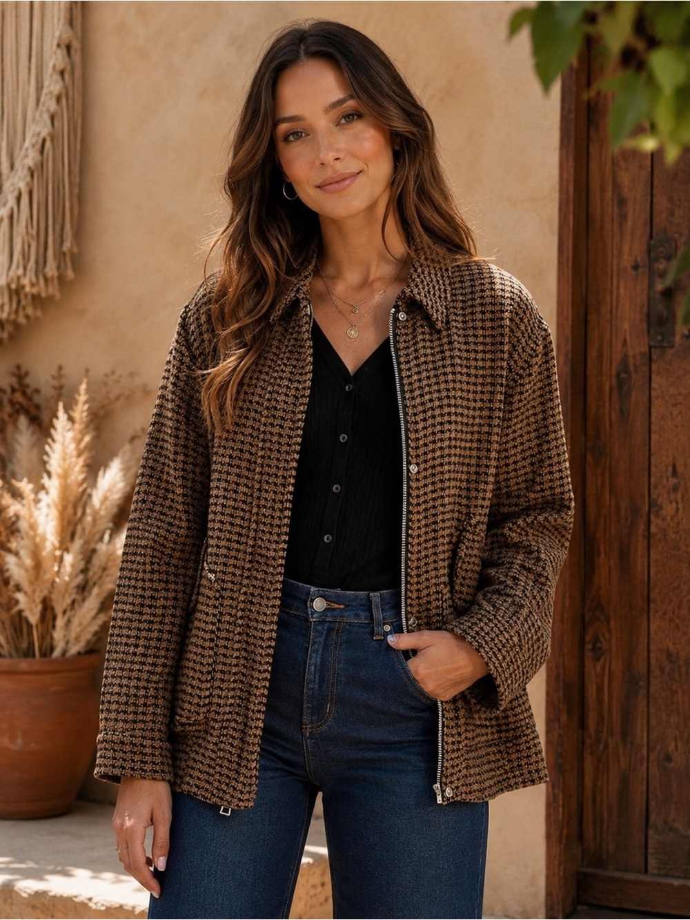 Tweed Houndstooth Brown & Black Zip-Front Jacket | Oversized Shacket